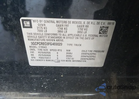 2015 Chevrolet Silverado C1500 Lt из США, поврежденный, VIN 3GCPCREC8FG469029